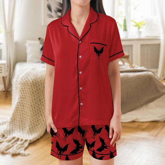 Mothman Short Sleeves Pajama Set, Moth Man Woman's Red Satin Pajamas