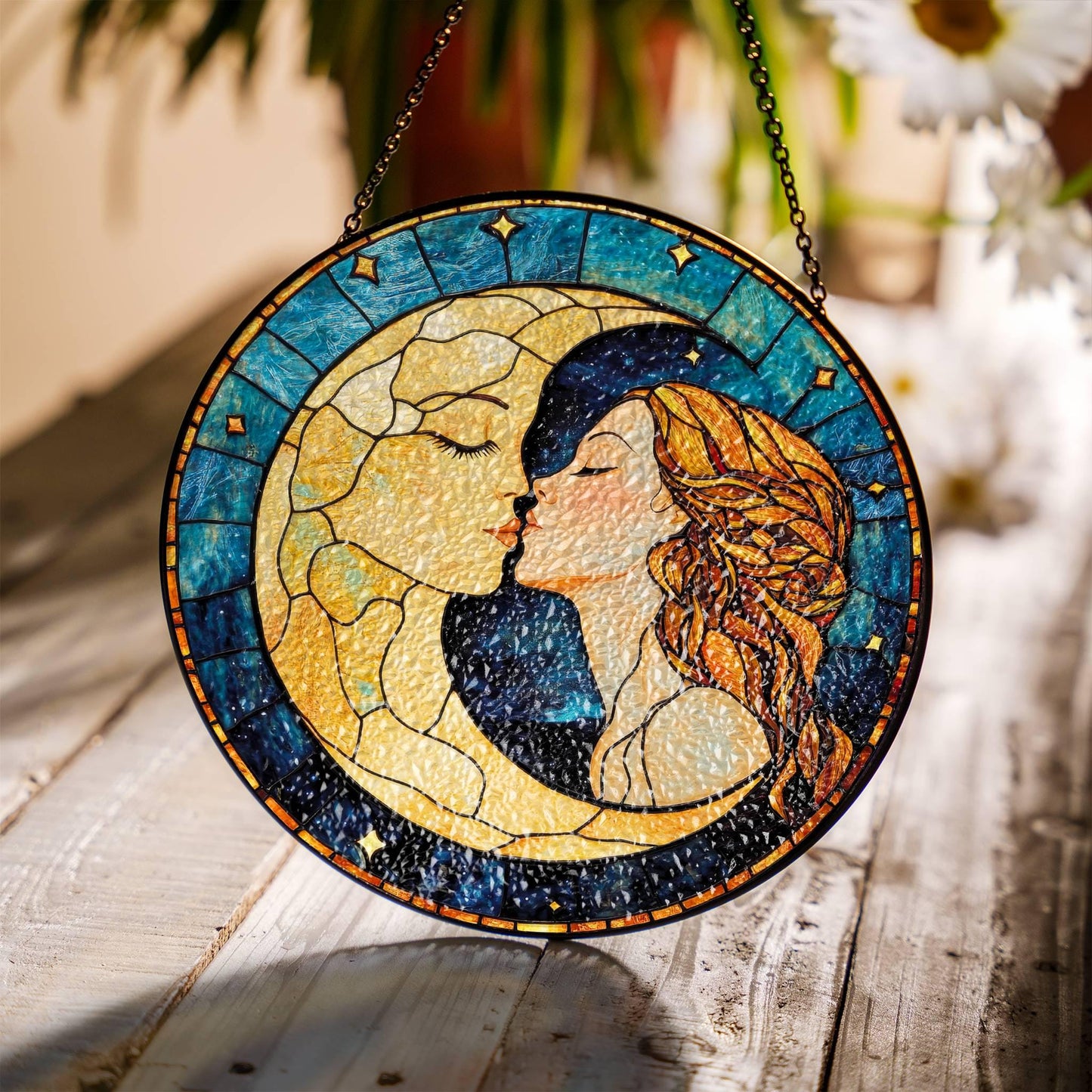 Woman Kissing Moon Stained Glass SunCatcher Moon Light Catcher