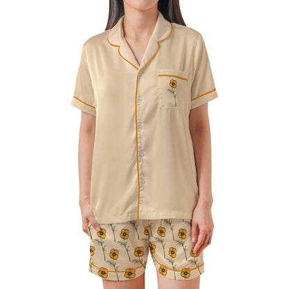California Poppy Satin Pajama Set - Womens Short Sleeve Poppy Floral Sleepwear
