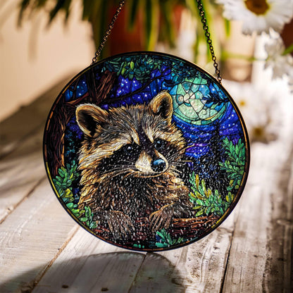 Raccoon At Night Stained Glass SunCatcher Raccoon Window Hanging Home Decoration