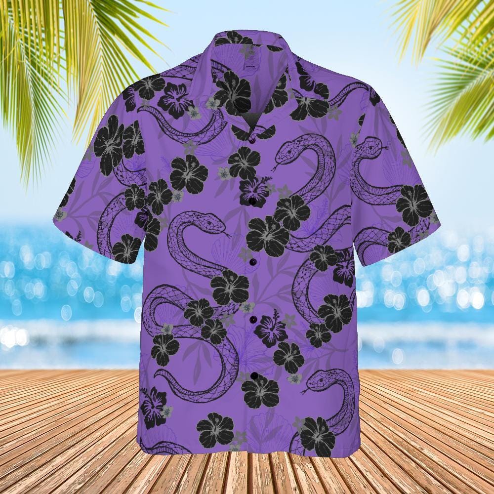 Snake Hawaiian Shirt, Purple Snake and Hibiscus Flowers  Button Down