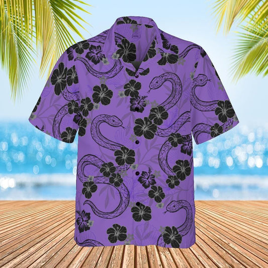 Snake Hawaiian Shirt, Purple Snake and Hibiscus Flowers  Button Down