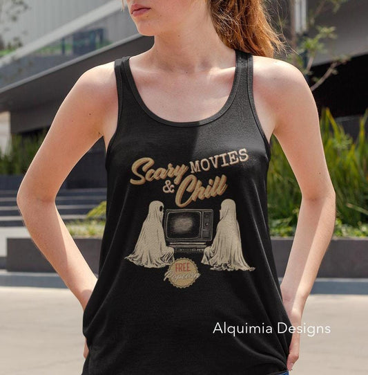 Scary Movies & Chill Tank, Halloween Tank Top, Trendy Vintage Inspired Shirt