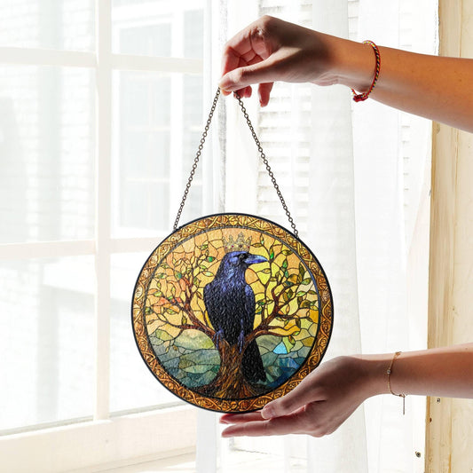 King Raven Stained Glass Sun Catcher - Black Raven Window Hanging Decoration