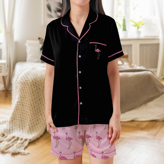 Flamingo Satin Pajama Set - Womens Short Sleeve Pink  Black Sleepwear