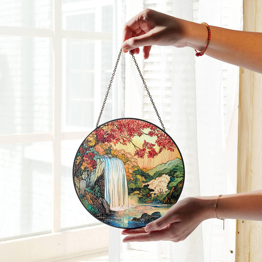 Waterfall Stained Glass SunCatcher Forest Landscape Light Catcher Window Hanging