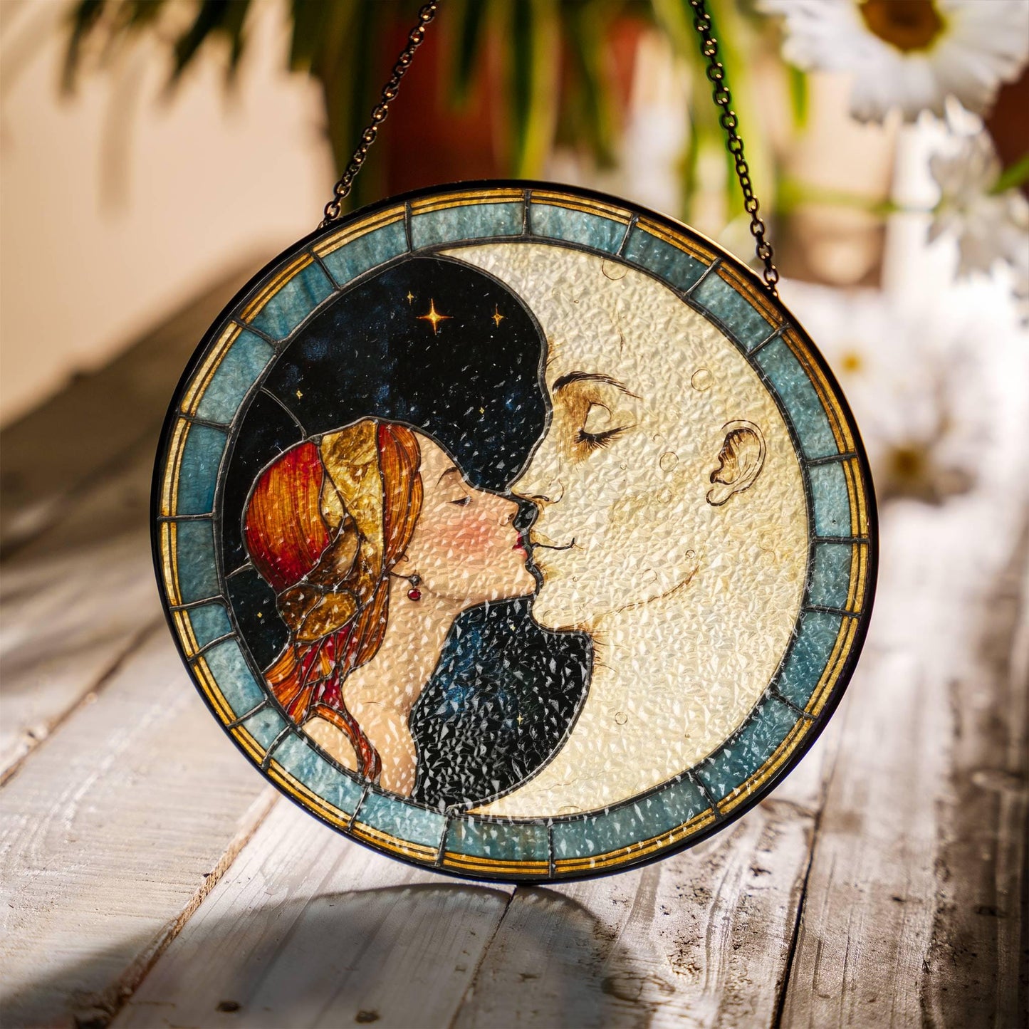 Woman Kissing Moon Stained Glass SunCatcher Moon Light Catcher
