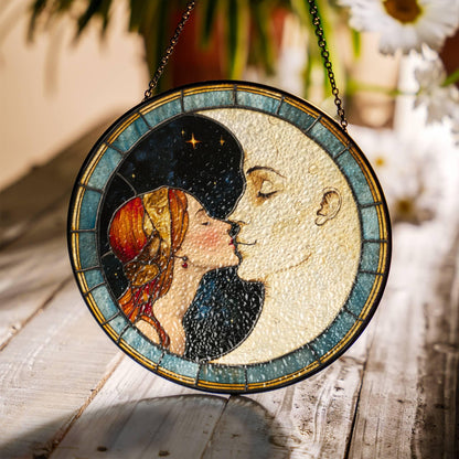 Woman Kissing Moon Stained Glass SunCatcher Moon Light Catcher