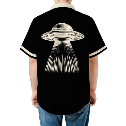 UFO Button Up Shirt with Pocket, Alien UFO Hawaiian Shirt Rockabilly Bowling Shirt
