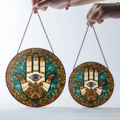 Hamsa Hand Stained Glass Sun Catcher - Hand of Fatima Window Hanging Decor