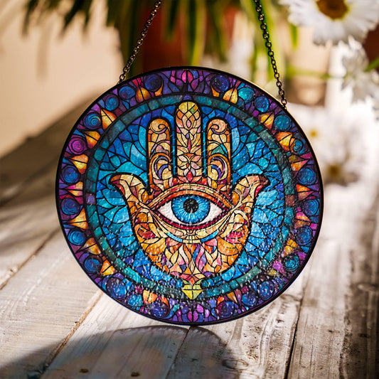 Hamsa Hand Stained Glass Sun Catcher - Hand of Fatima Window Hanging Decor
