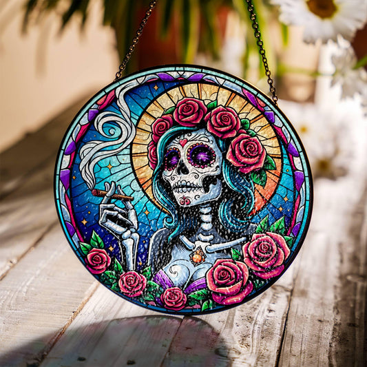 Dia De Los Muertos Stoner Sugar Skull Stained Glass SunCatcher Day of the Dead Decor