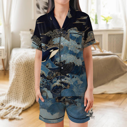 Orca Pajama Set Short Sleeves, Killer Whale Woman's Satin Pajamas Ocean Lover