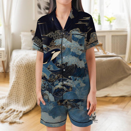 Orca Pajama Set Short Sleeves, Killer Whale Woman's Satin Pajamas Ocean Lover