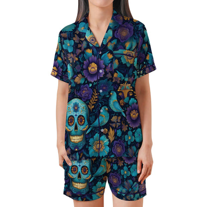 Day of the Dead Satin Pajama Set - Womens Sugar Skull Short Sleeves