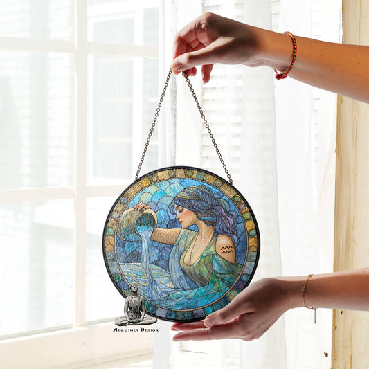 Aquarius Stained Glass Zodiac SunCatcher Aquarius Gift Window Hanging