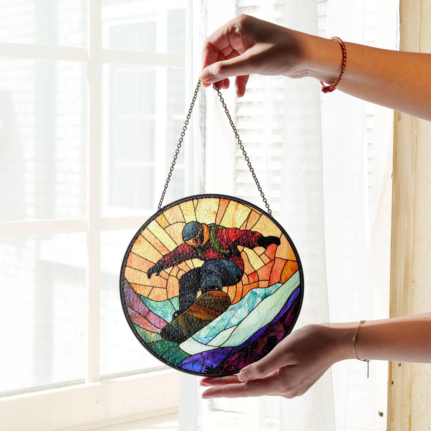 Snowboard Stained Glass SunCatcher Snowboarder Window Hanging Decor Art