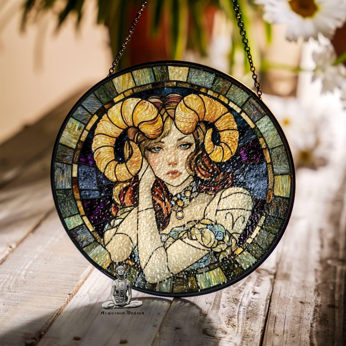 Aries Stained Glass Zodiac SunCatcher Aries Zodiac Sign Window Hanging Decor