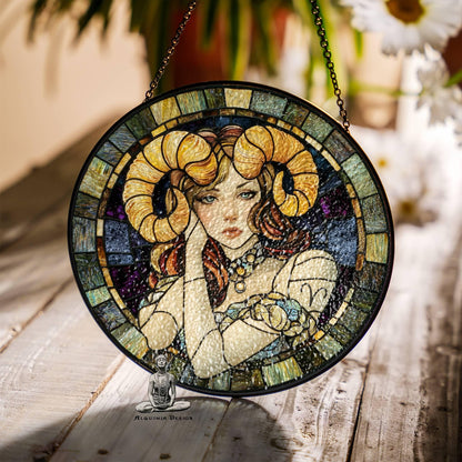 Aries Stained Glass Zodiac SunCatcher Aries Zodiac Sign Window Hanging Decor