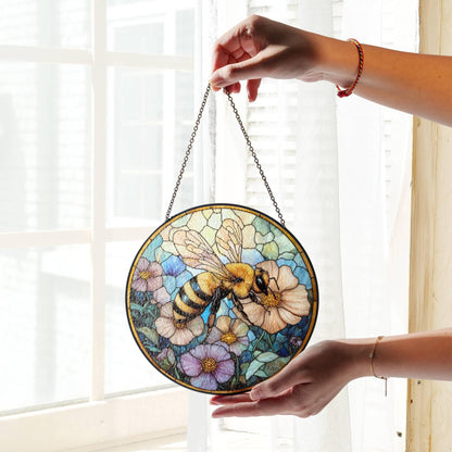 Honey Bee Stained Glass SunCatcher Bee with Flowers Light Catcher Window Hanging