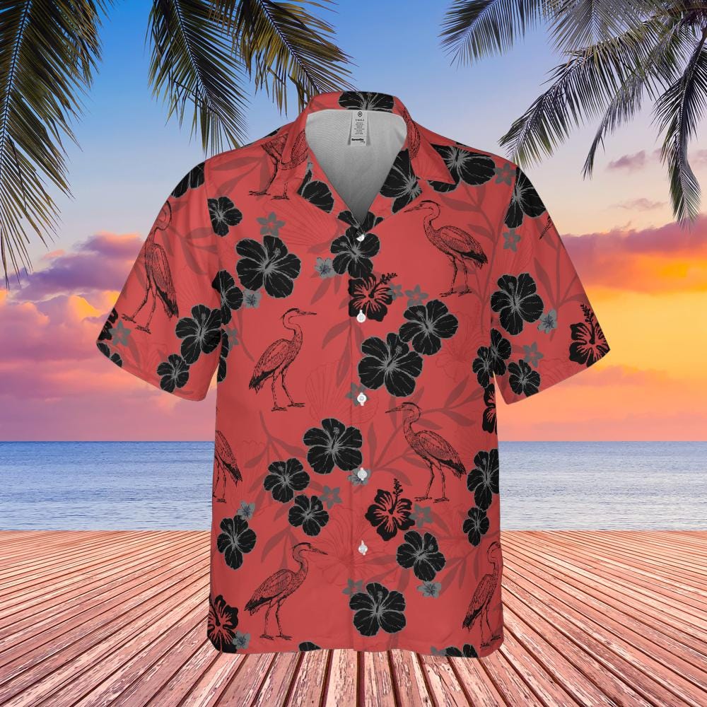 Heron Hawaiian Shirt, Bird Lover Shirt Blue Heron Short-sleeve Hawaiian Shirt Birdwatching Shirt Bird Watching