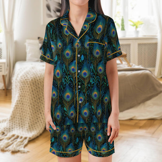 Peacock Pajama Set Short Sleeves, Peacock Feathers Woman's Satin Pajamas