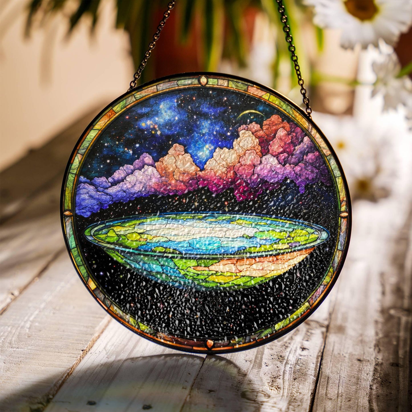 Flat Earth Stained Glass SunCatcher Conspiracy Theory Window Hanging Decor