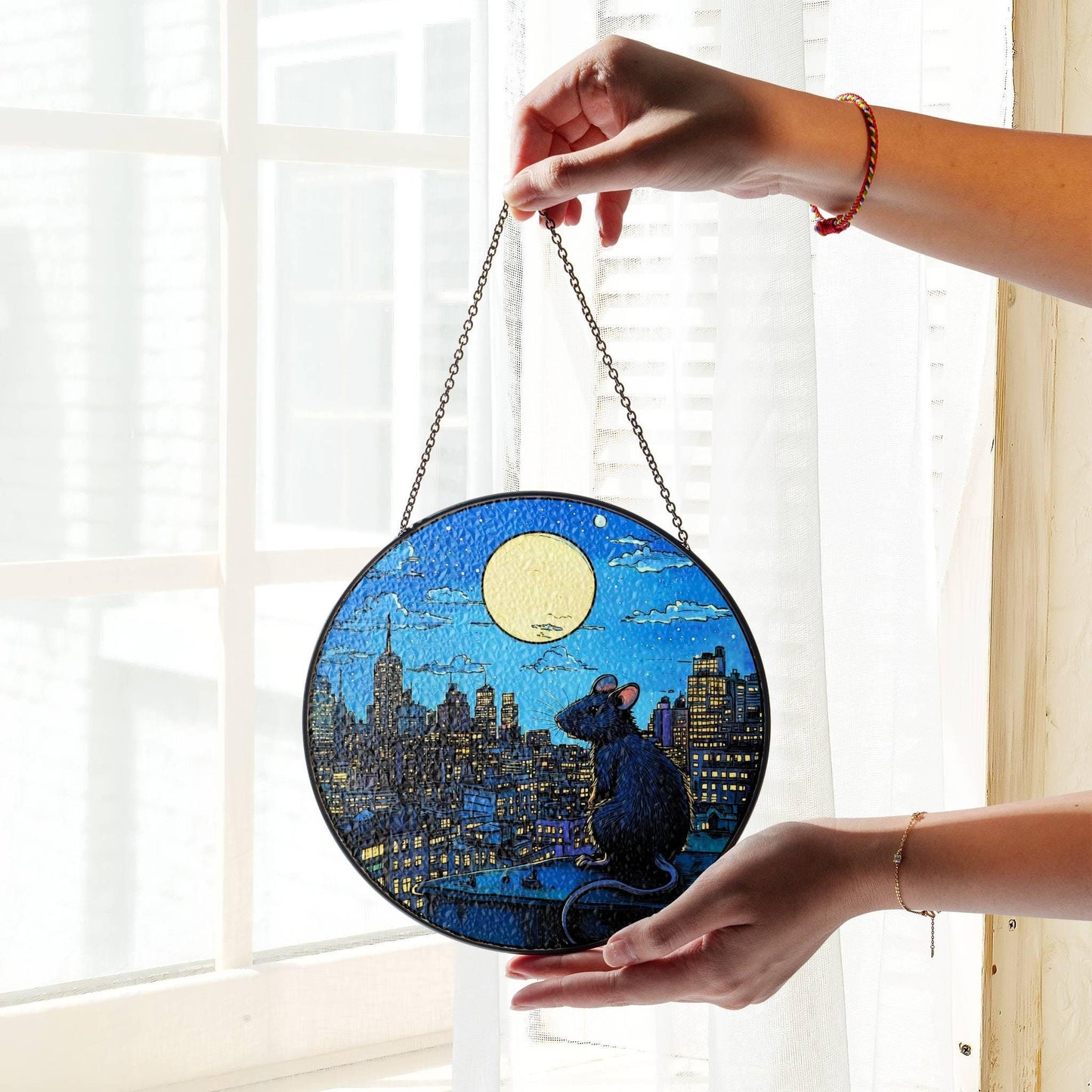 Rat Stained Glass SunCatcher City Rat Window Hanging Home Decor Rat Mom Gifts