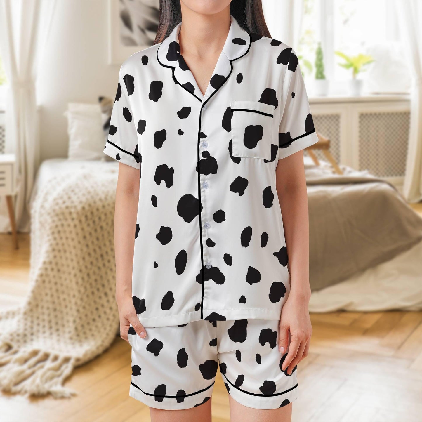 Dalmatian Pajama Set Short Sleeves, Dalmation Print Woman's Satin Pajamas