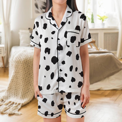 Dalmatian Pajama Set Short Sleeves, Dalmation Print Woman's Satin Pajamas