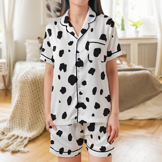Dalmatian Pajama Set Short Sleeves, Dalmation Print Woman's Satin Pajamas