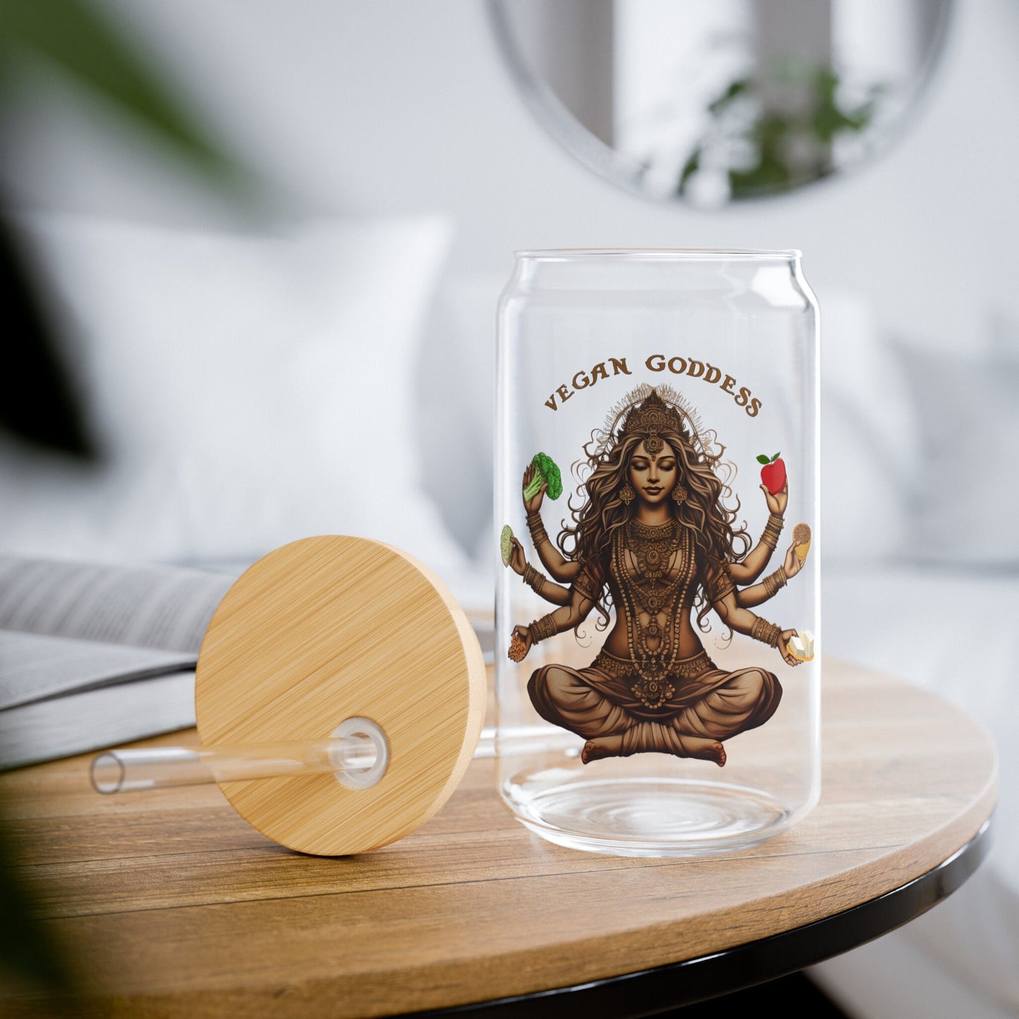 Vegan Glass Tumbler - 16oz Sipper with Bamboo Lid Vegetable Lover Cup