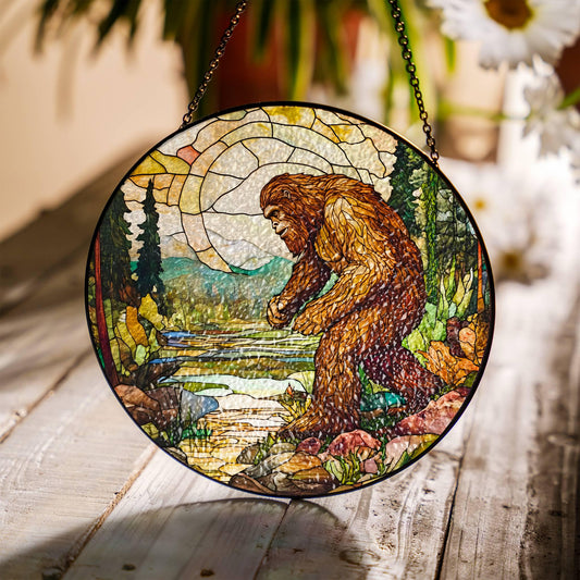 Bigfoot Stained Glass Sun Catcher - Sasquatch Cryptid Window Hanging Decor