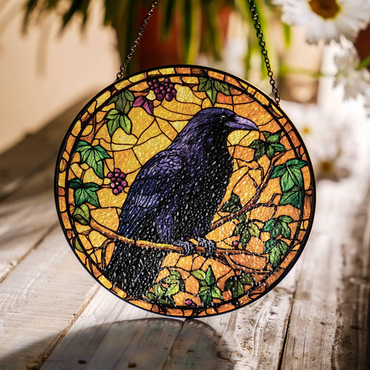 Raven Stained Glass Sun Catcher - Crow Window Hanging Decor for Raven Lovers
