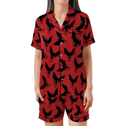 Mothman Short Sleeves Pajama Set, Moth Man Woman's Red Satin Pajamas