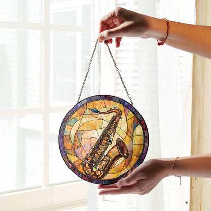 Saxophone Stained Glass Sun Catcher - Jazz Music Window Hanging Decor