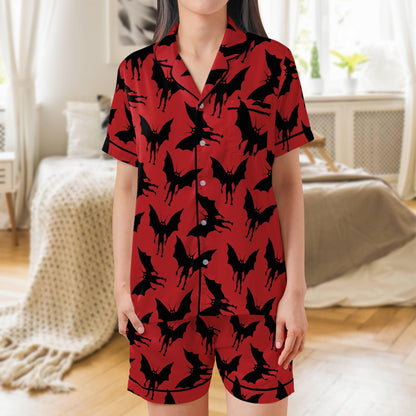 Mothman Short Sleeves Pajama Set, Moth Man Woman's Red Satin Pajamas