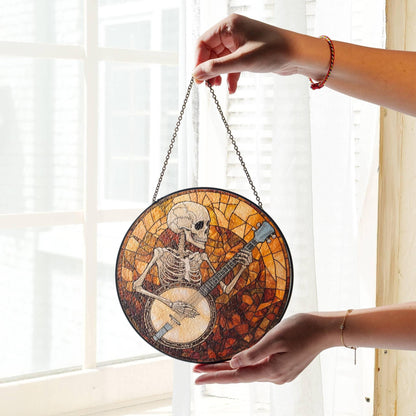 Banjo Stained Glass SunCatcher Skeleton Banjoist Light Catcher Window Hanging