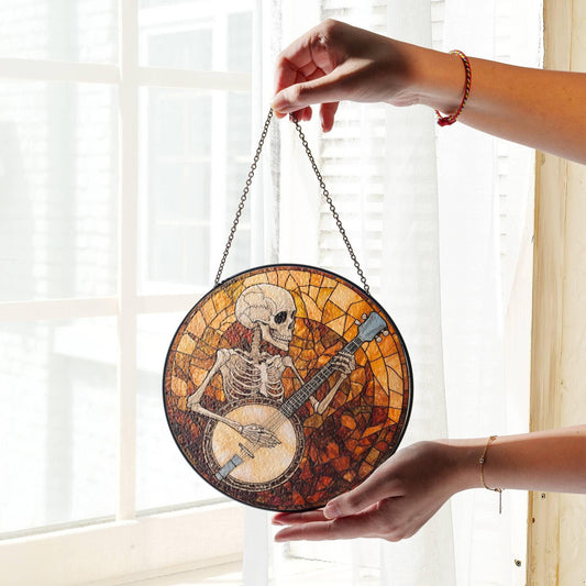 Banjo Stained Glass SunCatcher Skeleton Banjoist Light Catcher Window Hanging