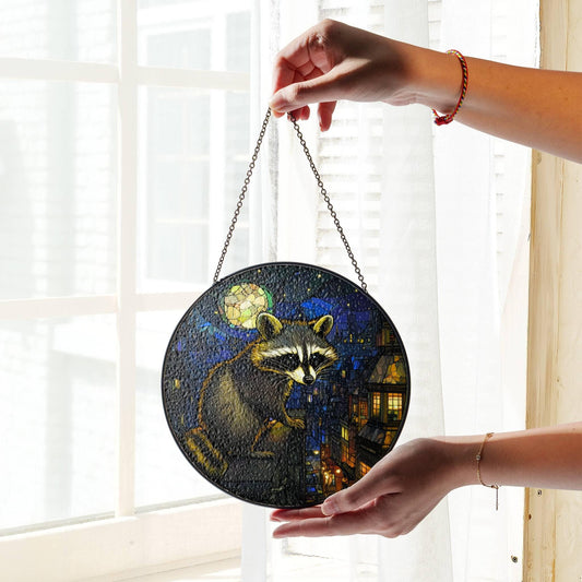 Raccoon At Night Stained Glass SunCatcher Raccoon Window Hanging Home Decoration