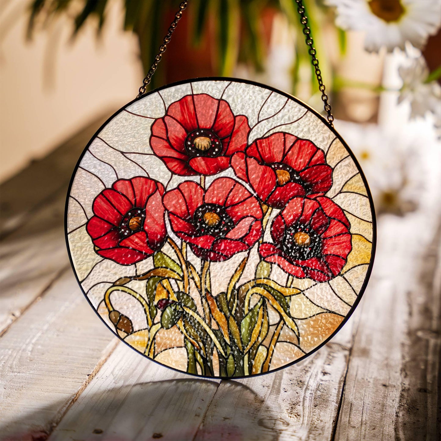 California Poppy Stained Glass SunCatcher Window Hanging Home Poppy Flower Art