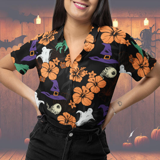 Halloween Hawaiian Shirt, Halloween Button Down Shirt Witch Ghost Halloween Pattern
