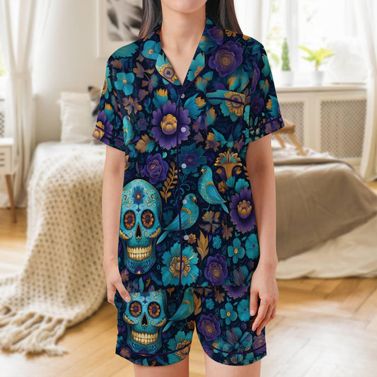 Day of the Dead Satin Pajama Set - Womens Sugar Skull Short Sleeves