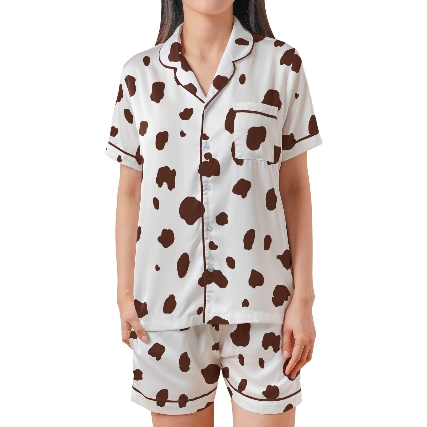Dalmatian Pajama Set Short Sleeves, Dalmation Print Woman's Satin Pajamas