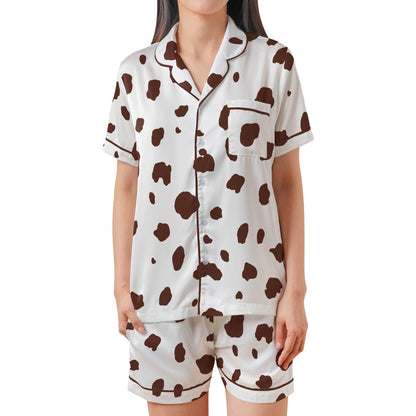 Dalmatian Pajama Set Short Sleeves, Dalmation Print Woman's Satin Pajamas
