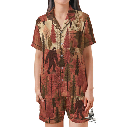 Bigfoot Satin Pajama Set - Sasquatch Womens Short Sleeve Shorts Sleepwear