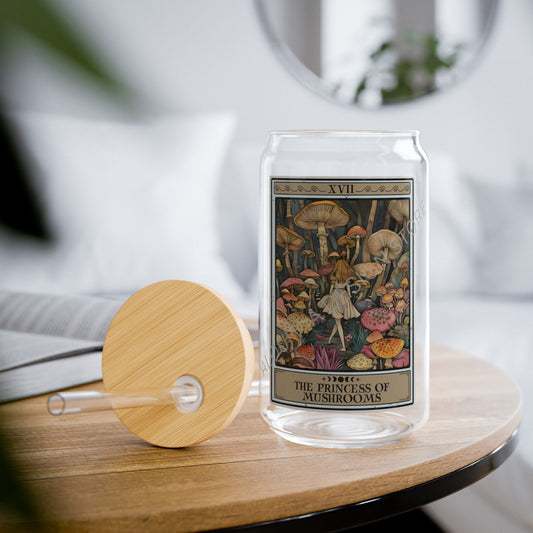 Mushroom Tarot Card Glass Tumbler - 16oz Fungi Sipper Gift