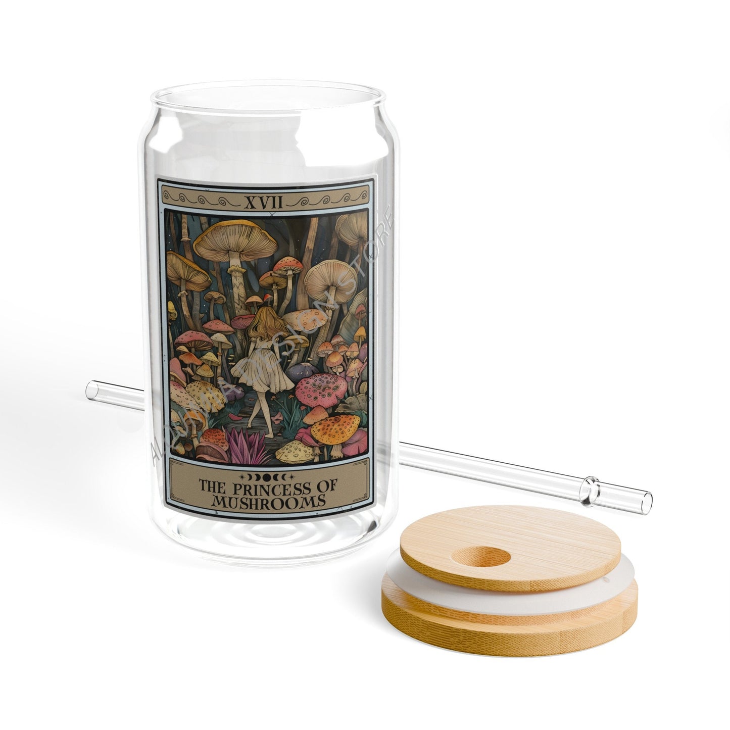 Mushroom Tarot Card Glass Tumbler - 16oz Fungi Sipper Gift