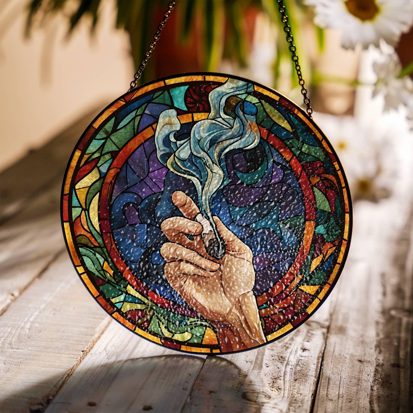 Stained Glass Marijuana Leaf Sun Catcher - Cannabis Window Hanging Decor