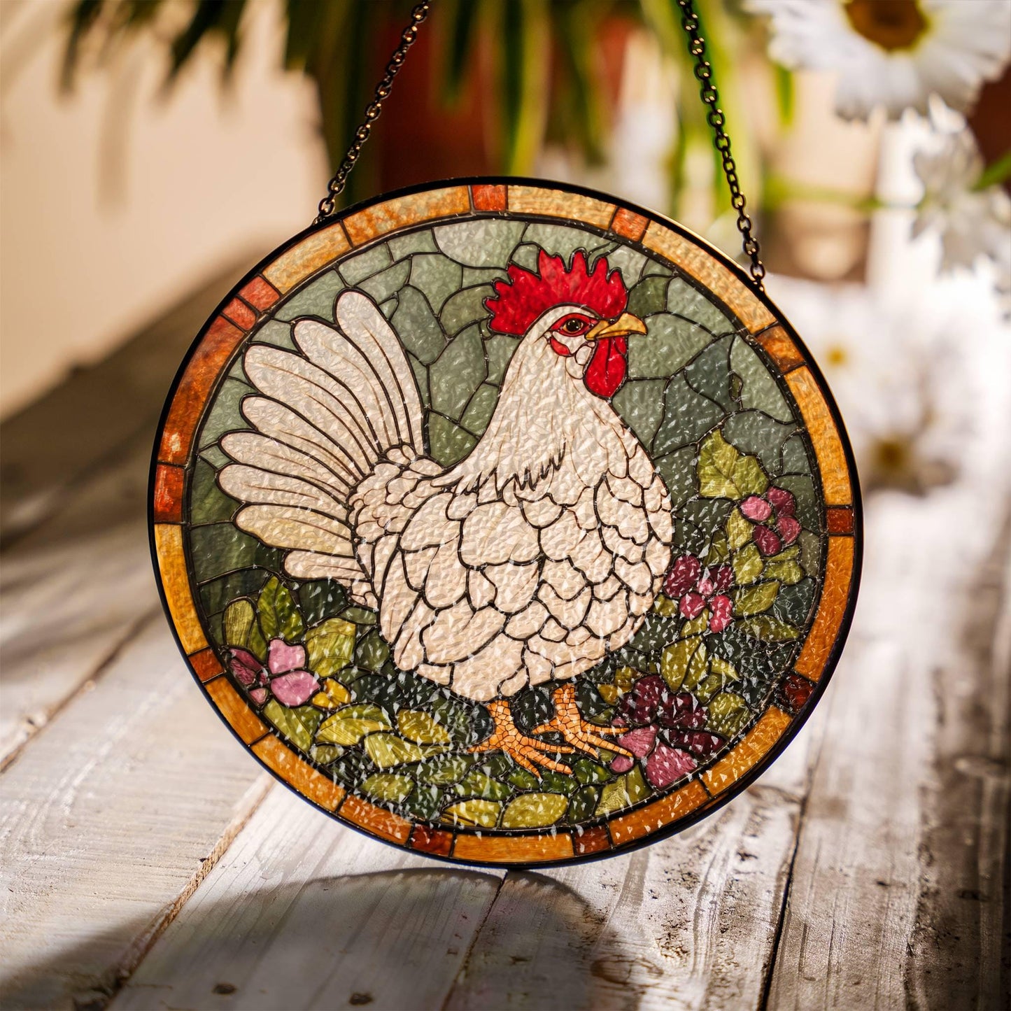Chicken Stained Glass SunCatcher Farm Animal Window Hanging Home Decor Gift
